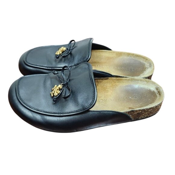 Tory Burch Charm Mules Flat Slip-on Black Genuine Leather Natural Cork US Size 7 - Picture 7 of 14